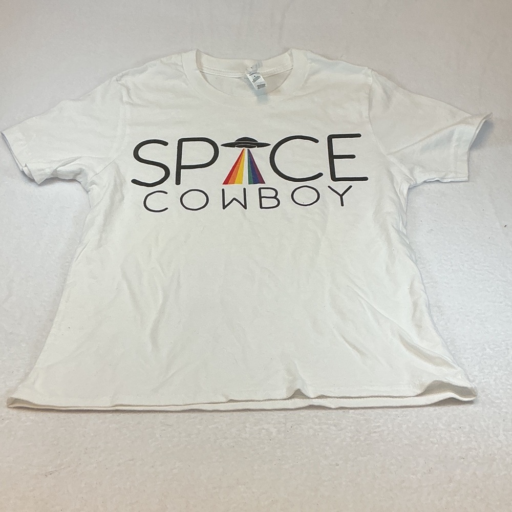 Bella la canvas kids Space Cowboy White Graphic Tee with Rainbow UFO Sz L. 0667
